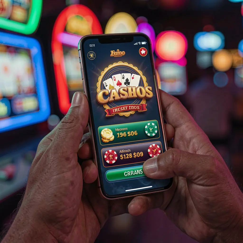 Close-up of a player using the JL48 casino app on a smartphone with colorful slot games and bright neon lights in a cinematic mobile gaming scene