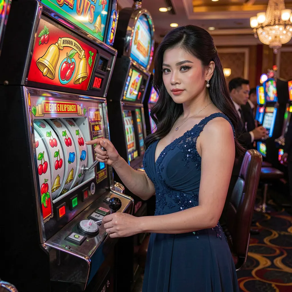 JL48 – Experience high class slot gaming designed for Filipino players Elegant Filipino woman in a sparkling evening dress pulling the lever of a glowing slot machine in a luxury casino atmosphere at JL48 in the Philippines